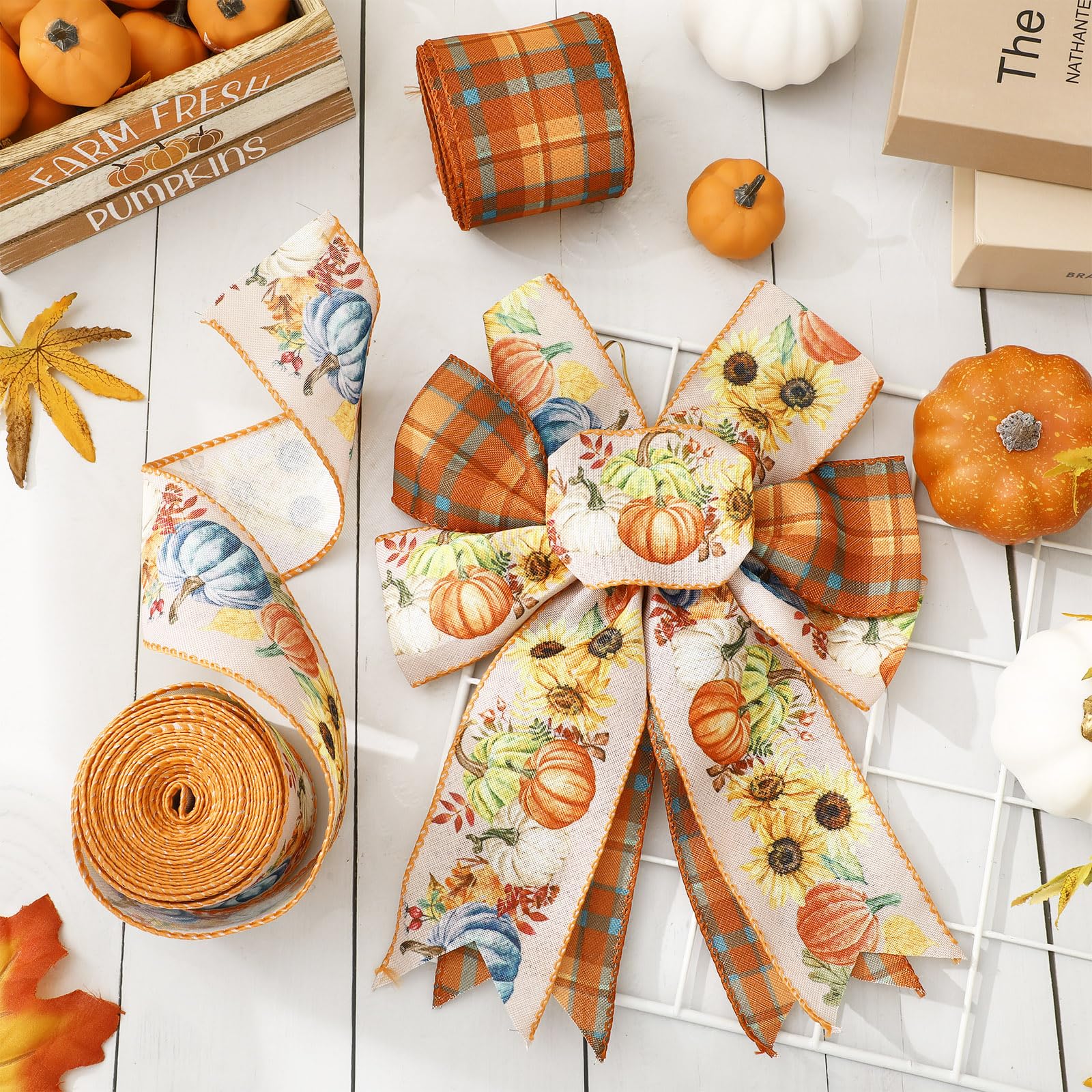 Amazon.com: AnyDesign Fall Wired Edge Ribbon Plaid Pumpkin